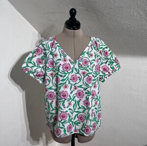 J.Crew Botanical Floral Cotton Popover Blouse M Cottagecore Garden Party V-Neck